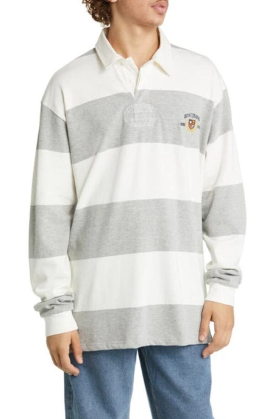BDG URBAN OUTFITTERS Mens Polo Shirt Medium Grey White Stripe Embroidered NWOT